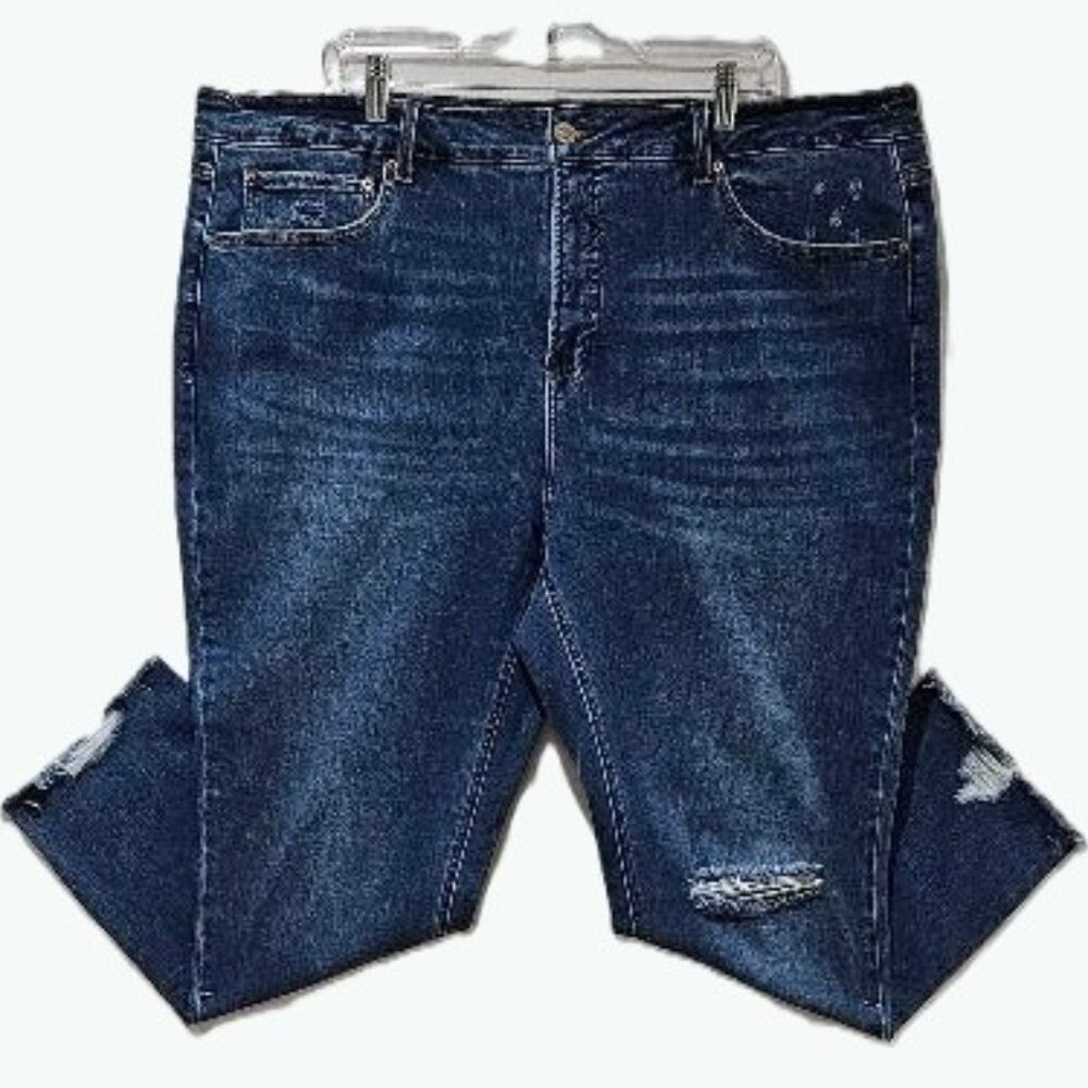 TERRA & SKY MEDIUM WASH DISTRESSED RAW HEM SKINNY JEANS  22W